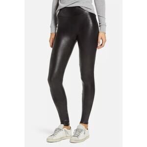 Spanx Black Shiny Faux Leather Mis Rise Pull On Leggings Womens Petite Medium